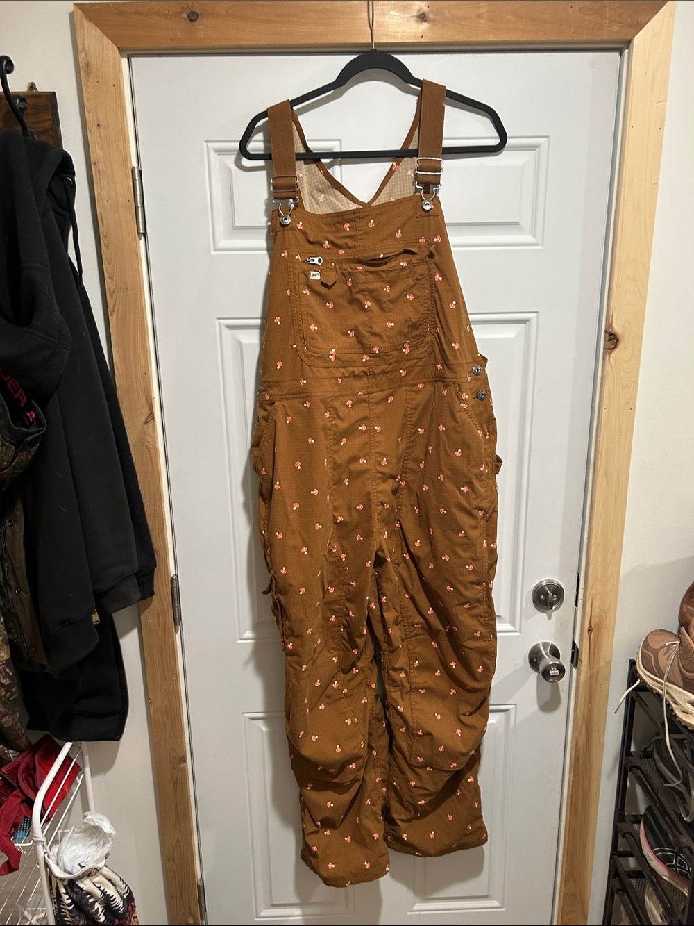 Duluth Trading Co Brown Overalls with Mushrooms